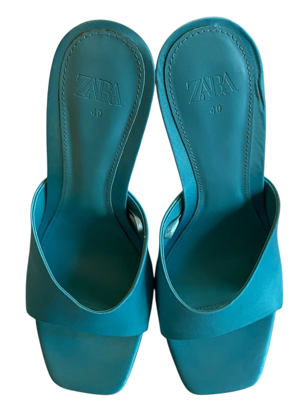 Zara Satin Turquoise Heels Sculptural Lucite Heel Sandals - Picture 3 of 5